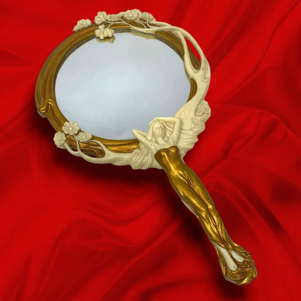 Art Nouveau Style Lady Hand Mirror Resin Vanity Mirror Gold Ivory Vintage 2004